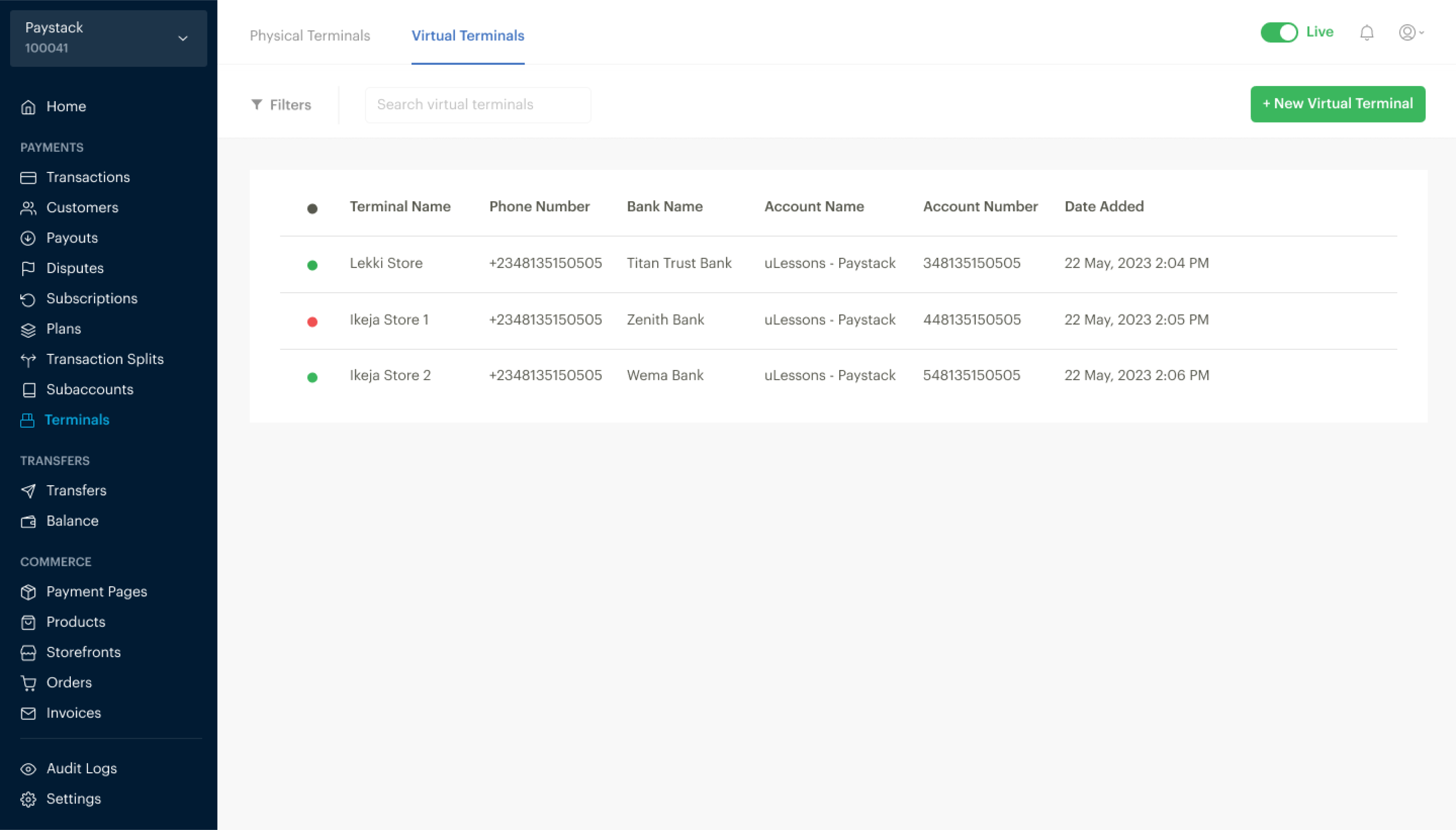 1st iteration of the screen that shows the list of Virtual Terminals a merchant has created